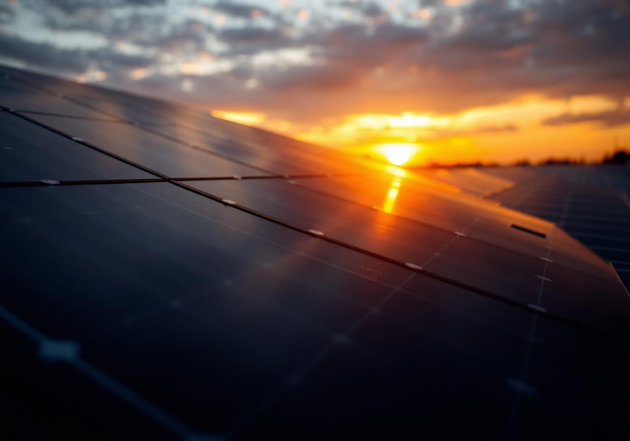 Solar panels at sunset